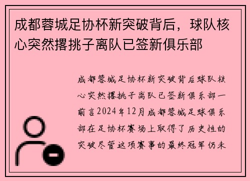 成都蓉城足协杯新突破背后，球队核心突然撂挑子离队已签新俱乐部