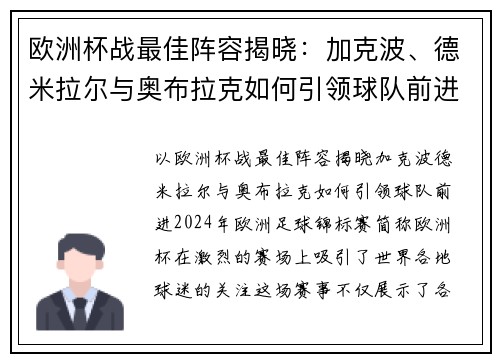 欧洲杯战最佳阵容揭晓：加克波、德米拉尔与奥布拉克如何引领球队前进