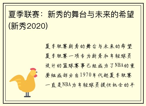 夏季联赛：新秀的舞台与未来的希望(新秀2020)